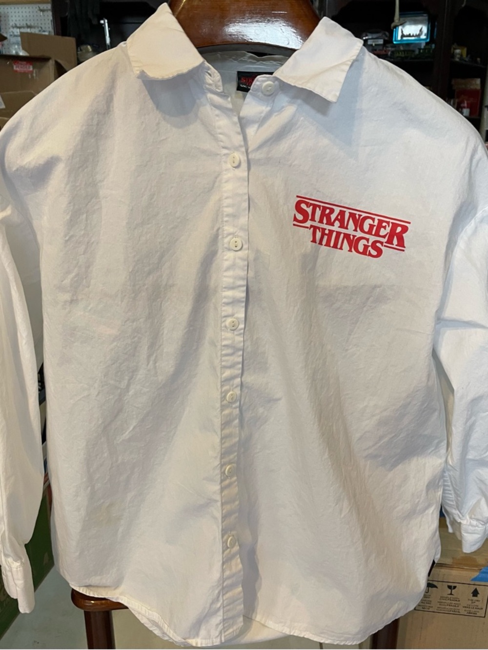Netflix White Button-Down with Red Stranger Things Logo